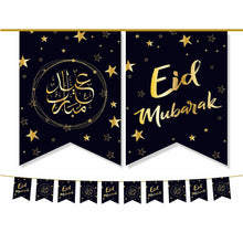 Load image into Gallery viewer, Eid Mubarak Bunting Decoration - (10 Flags) Black & Gold Stars Design (AG21)