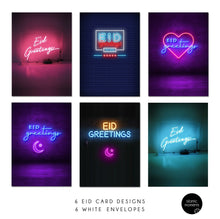 Load image into Gallery viewer, Multipack 6 Eid Mubarak Cards - Neon Lights - MP NL
