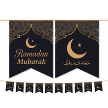Load image into Gallery viewer, RAMADAN Mubarak Bunting Decoration - (10 Flags) Black & Gold Moon & Star Geometric Design (AG21)
