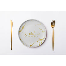 Load image into Gallery viewer, Eid Mubarak Plate, Cup and Napkin Set - White & Gold Marble