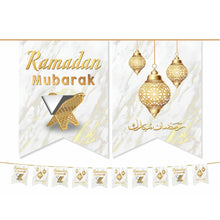 Load image into Gallery viewer, RAMADAN Mubarak Bunting Decoration - (10 Flags) White & Gold Marble & Lanterns Design (AG21)