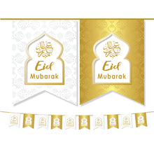 Load image into Gallery viewer, EID Mubarak Bunting Decoration - (10 Flags) White & Gold Pattern (AG21)