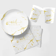 Load image into Gallery viewer, Eid Mubarak Plate, Cup and Napkin Set - White & Gold Marble