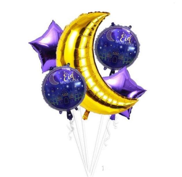 Eid Mubarak Foil Balloon Set (Purple, Blue & Gold)