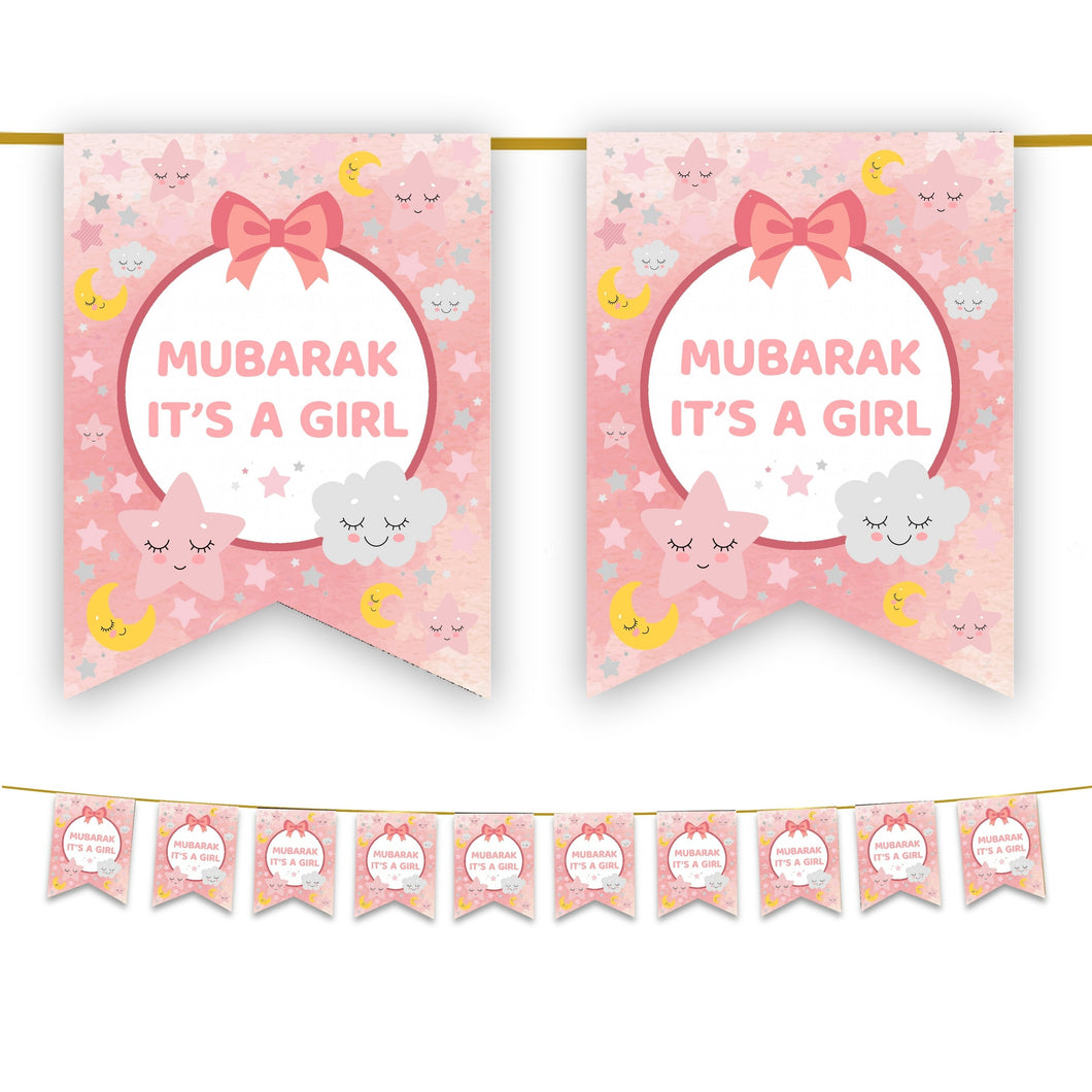 Mubarak It's a Girl Bunting - Pink - Newborn Muslim Baby Girl Aqeeqah