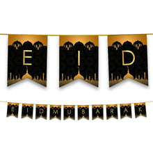 Load image into Gallery viewer, Eid Mubarak Bunting - Black &amp; Gold Domes &amp; Lanterns Letter Flags Decoration
