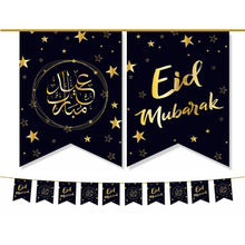 Load image into Gallery viewer, Eid Mubarak Bunting Decoration - (10 Flags) Black &amp; Gold Stars Design (AG21)
