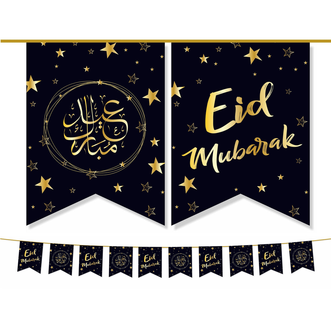 Eid Mubarak Bunting Decoration - (10 Flags) Black & Gold Stars Design (AG21)