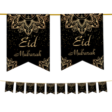 Load image into Gallery viewer, Eid Mubarak Bunting - Black &amp; Gold Geometric Flags Decoration
