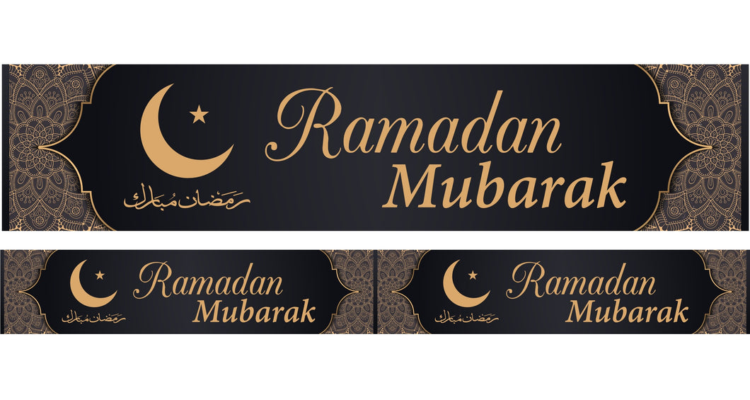 RAMADAN Mubarak Banner Decoration - (2m) Black & Gold Moon & Star Geometric Design (AG21)
