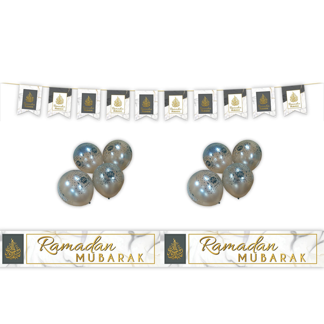 RAMADAN Mubarak Decoration Set - White, Grey & Gold Marble Design (AG21)