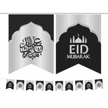 Load image into Gallery viewer, EID Mubarak Bunting Decoration - (10 Flags) Black &amp; Silver Geometric Design (AG21)

