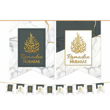 Load image into Gallery viewer, RAMADAN Mubarak Bunting Decoration - (10 Flags) White, Grey &amp; Gold Marble Design (AG21)
