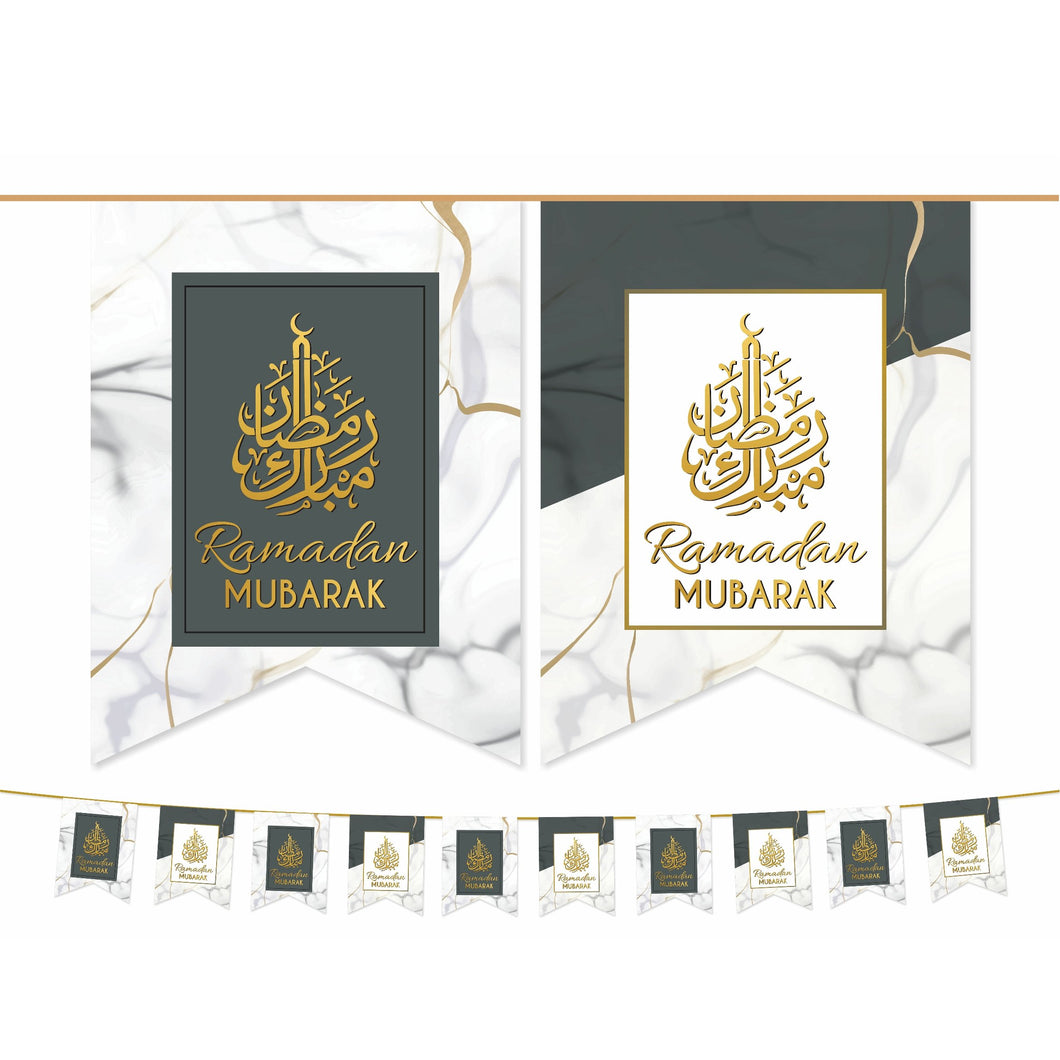 RAMADAN Mubarak Bunting Decoration - (10 Flags) White, Grey & Gold Marble Design (AG21)