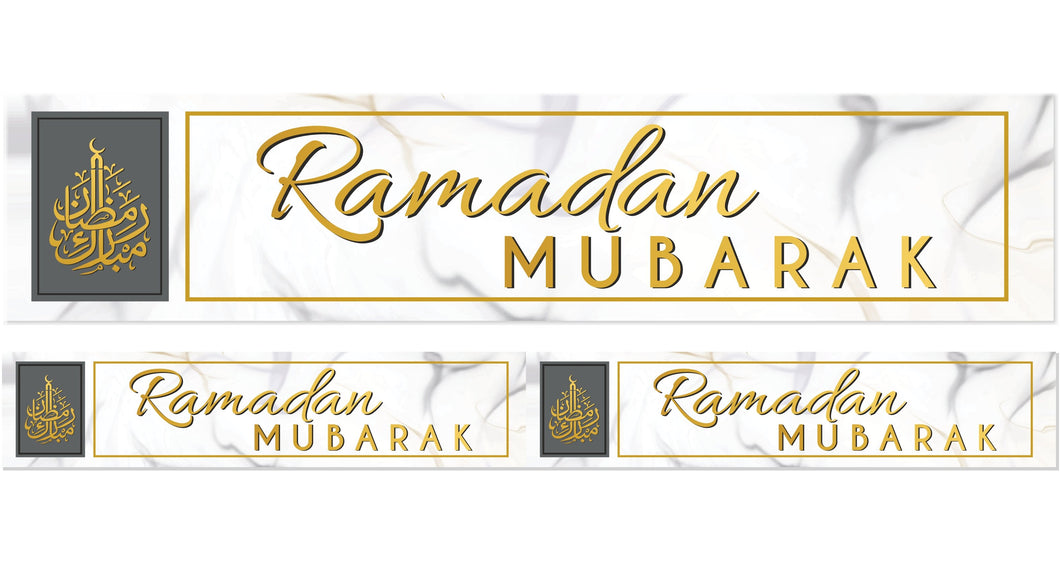 RAMADAN Mubarak Banner Decoration - (2m) White, Grey & Gold Marble Design (AG21)