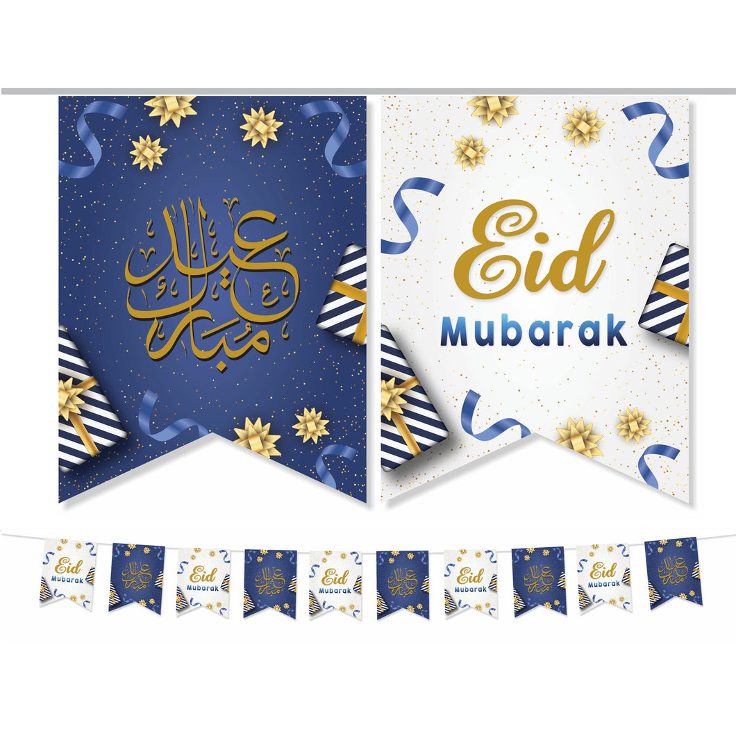 EID Mubarak Bunting Decoration - (10 Flags) Blue, Gold & White Design (AG21)