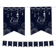 Load image into Gallery viewer, Eid Mubarak Bunting - Navy &amp; Silver Geometric Flags Decoration
