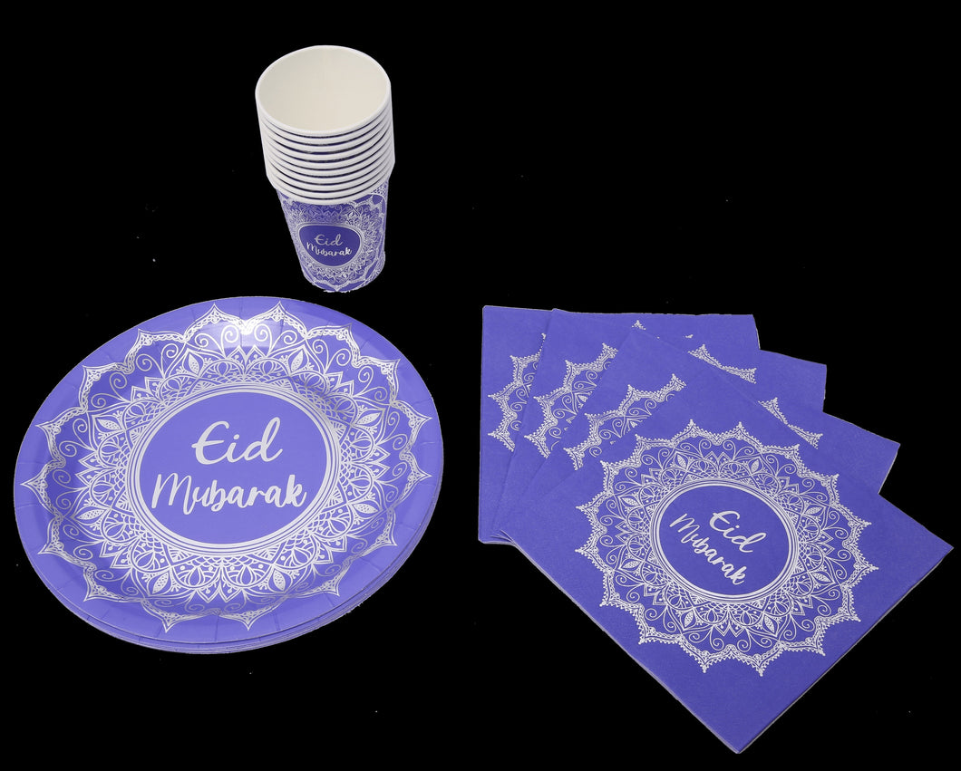 Eid Mubarak Plate, Cup and Napkin Set - Purple, Blue & Silver
