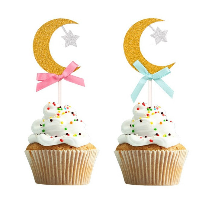 Paper Glitter Moon, Star & Bow Cupcake Topper (Pink)