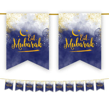 Load image into Gallery viewer, Eid Mubarak Bunting - Blue, White &amp; Gold Watercolour Ombre Flags Decoration
