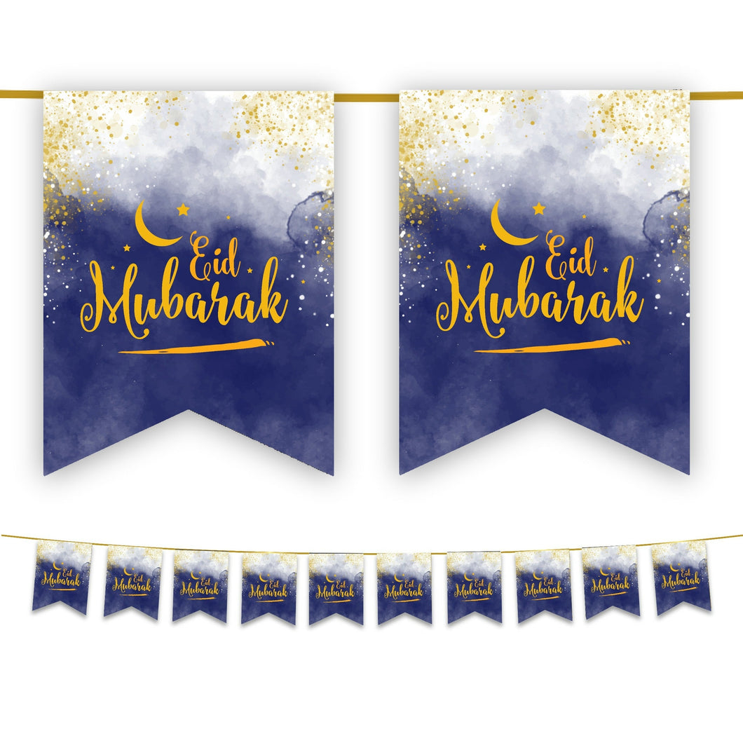 Eid Mubarak Bunting - Blue, White & Gold Watercolour Ombre Flags Decoration