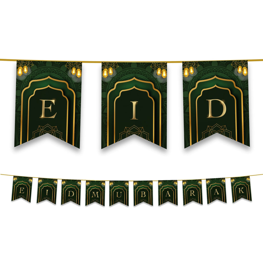 Eid Mubarak Bunting - Green & Gold Lanterns Letter Flags Decoration