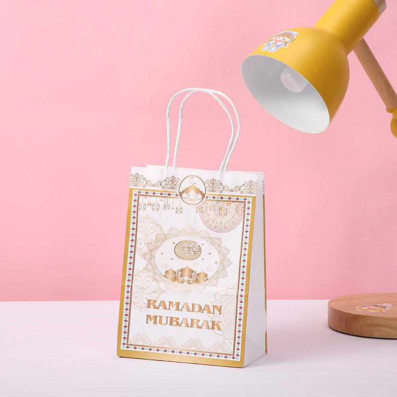 Ramadan Mubarak Kraft Paper Bag - White & Gold Geometric