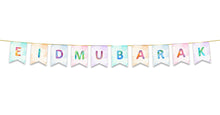 Load image into Gallery viewer, Eid Mubarak Bunting - Watercolour Rainbow Letter Flags Decoration
