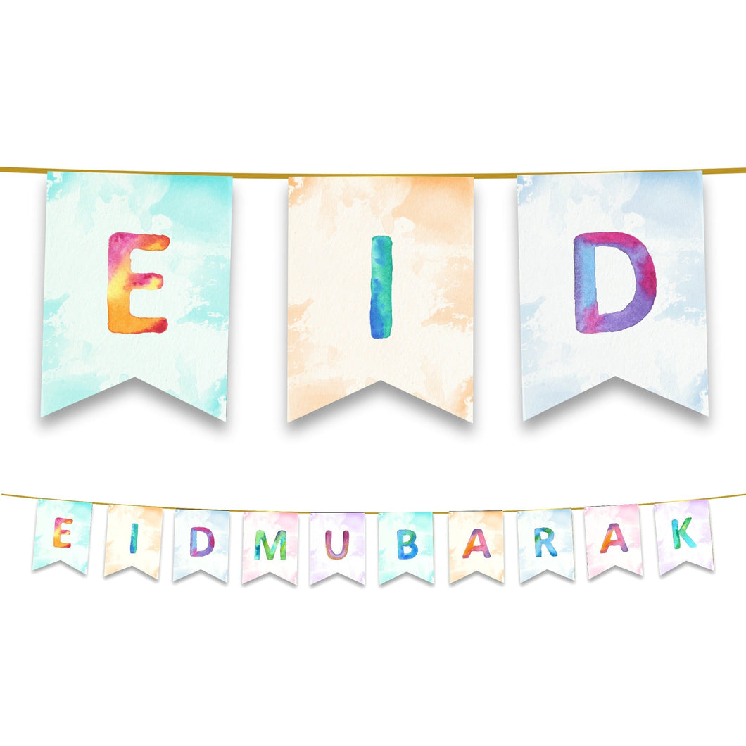 Eid Mubarak Bunting - Watercolour Rainbow Letter Flags Decoration