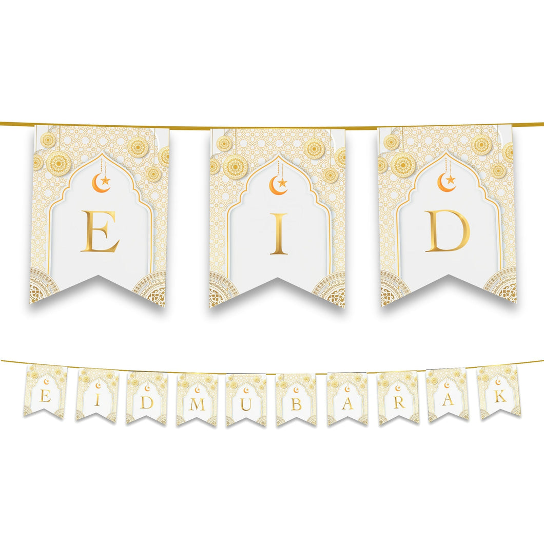 Eid Mubarak Bunting - White & Gold Geometric Arabesque Letter Flags Decoration