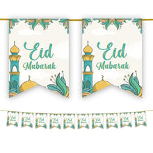 Load image into Gallery viewer, Eid Mubarak Bunting - Green &amp; Gold Mosque Garden Flags Decoration
