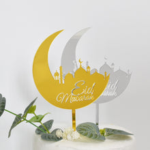 Load image into Gallery viewer, Eid Mubarak Mosque and Moon Crescent Cake Topper - Silver
