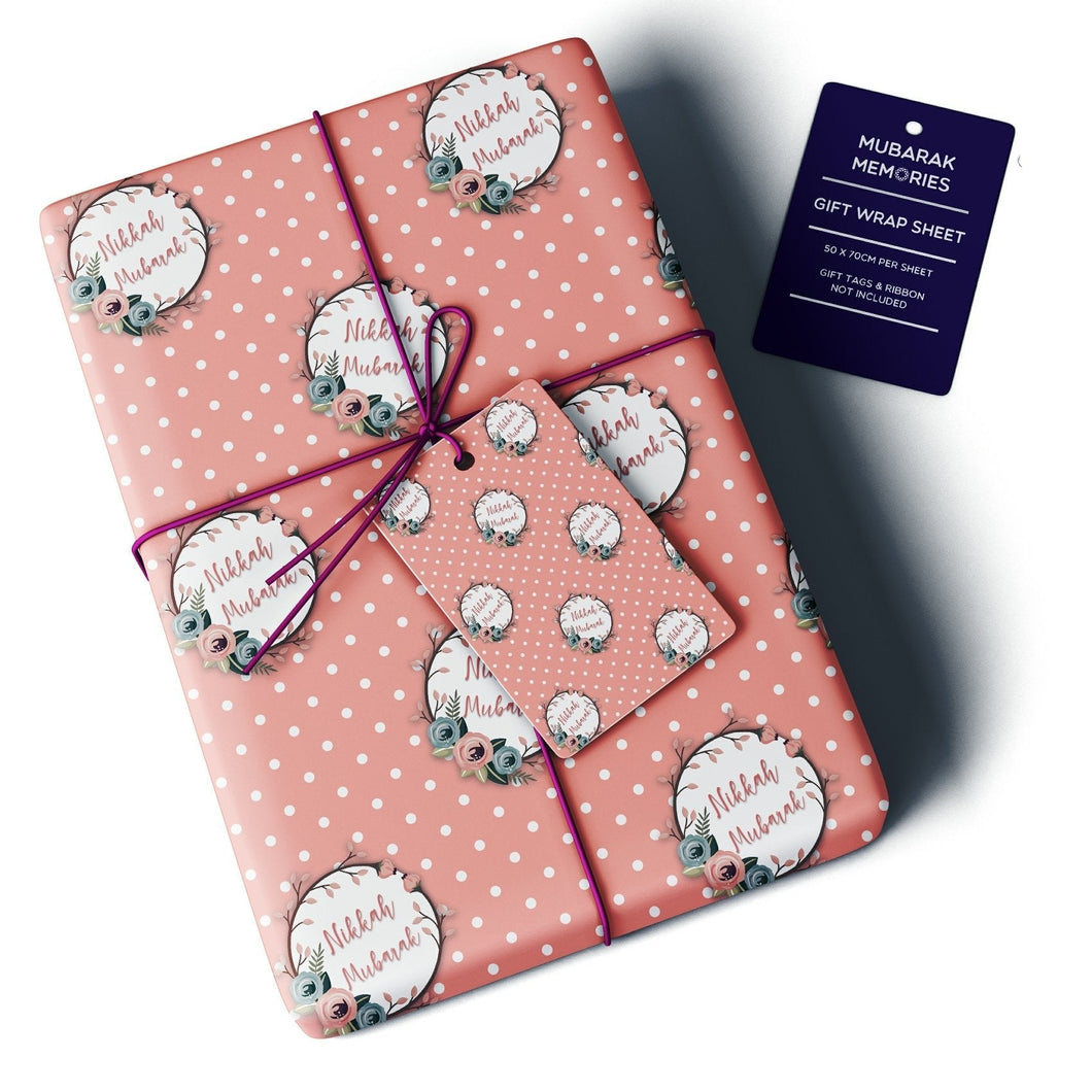 Nikkah Mubarak Gift Wrap Sheet - Polka Dot (Pink Floral)