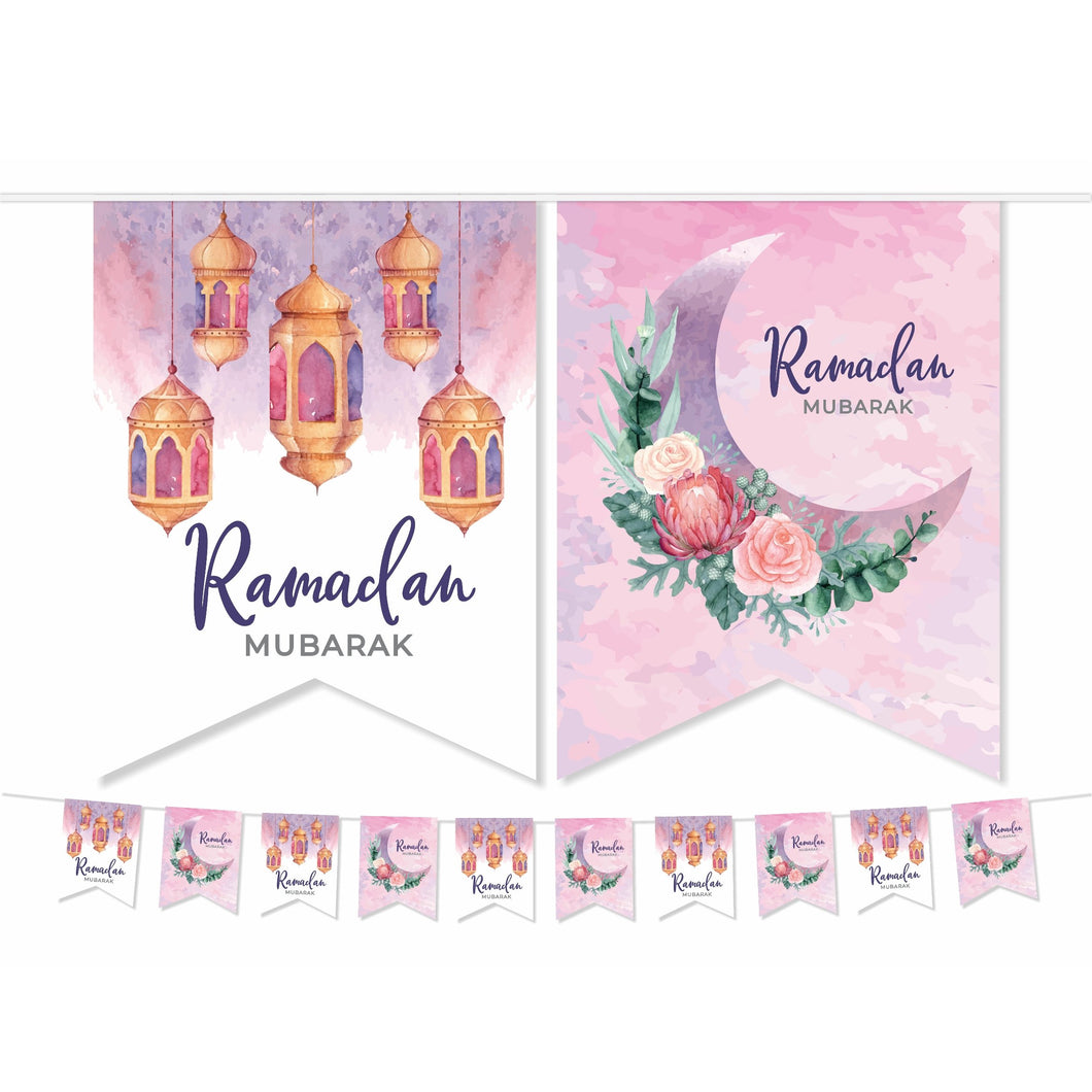 RAMADAN Mubarak Bunting Decoration - (10 Flags) Pink Floral & Lanterns Design (AG21)