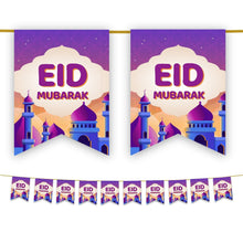 Load image into Gallery viewer, Eid Mubarak Bunting - Purple &amp; Gold Sunset Mosque Flags Decoration
