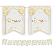 Load image into Gallery viewer, Ramadan Kareem Bunting - White &amp; Gold Geometric Arabesque Archway Flags Decoration
