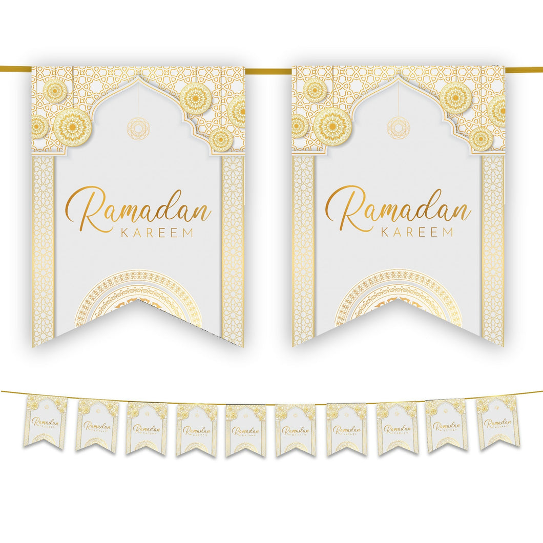 Ramadan Kareem Bunting - White & Gold Geometric Arabesque Archway Flags Decoration
