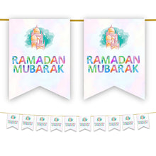 Load image into Gallery viewer, Ramadan Mubarak Bunting - Pastel Rainbow Watercolour Mosque Flags Decoration
