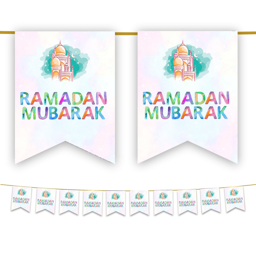 Ramadan Mubarak Bunting - Pastel Rainbow Watercolour Mosque Flags Decoration