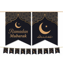 Load image into Gallery viewer, RAMADAN Mubarak Bunting Decoration - (10 Flags) Black &amp; Gold Moon &amp; Star Geometric Design (AG21)

