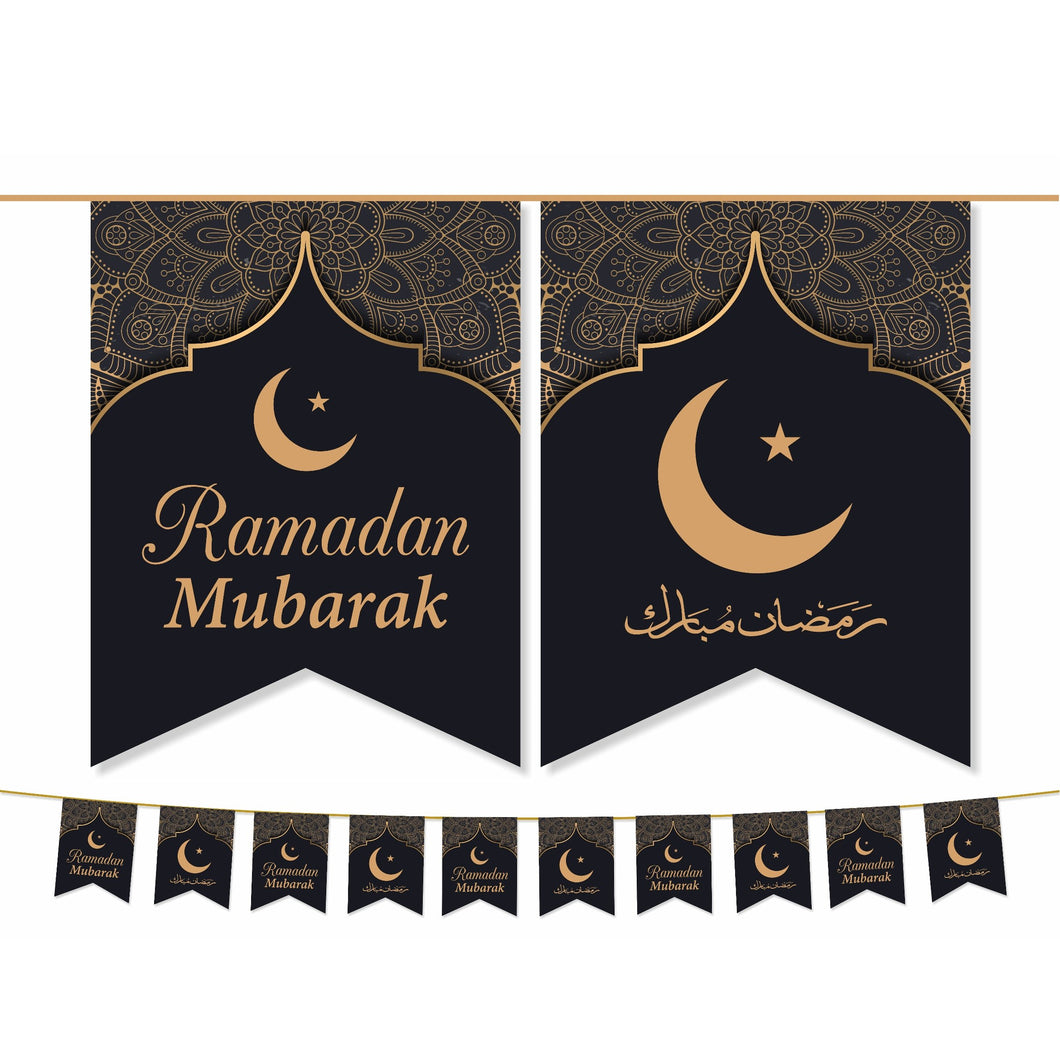 RAMADAN Mubarak Bunting Decoration - (10 Flags) Black & Gold Moon & Star Geometric Design (AG21)