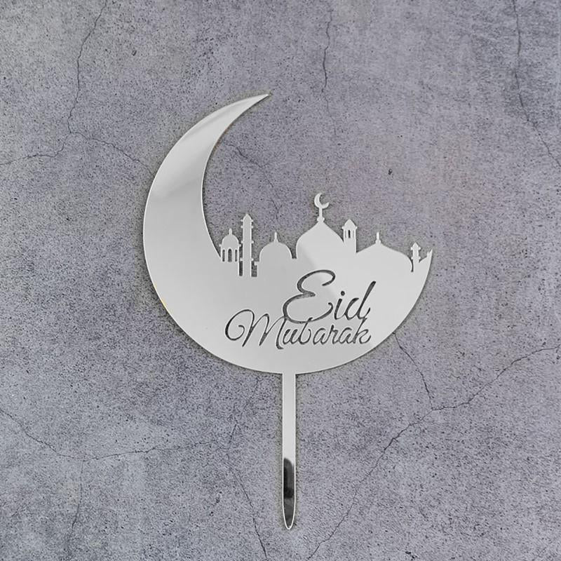 Eid Mubarak Mosque and Moon Crescent Cake Topper - Silver