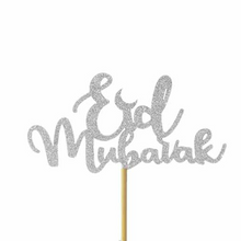 Load image into Gallery viewer, Eid Mubarak Glitter Cupcake Toppers (Pack of 10) - Silver
