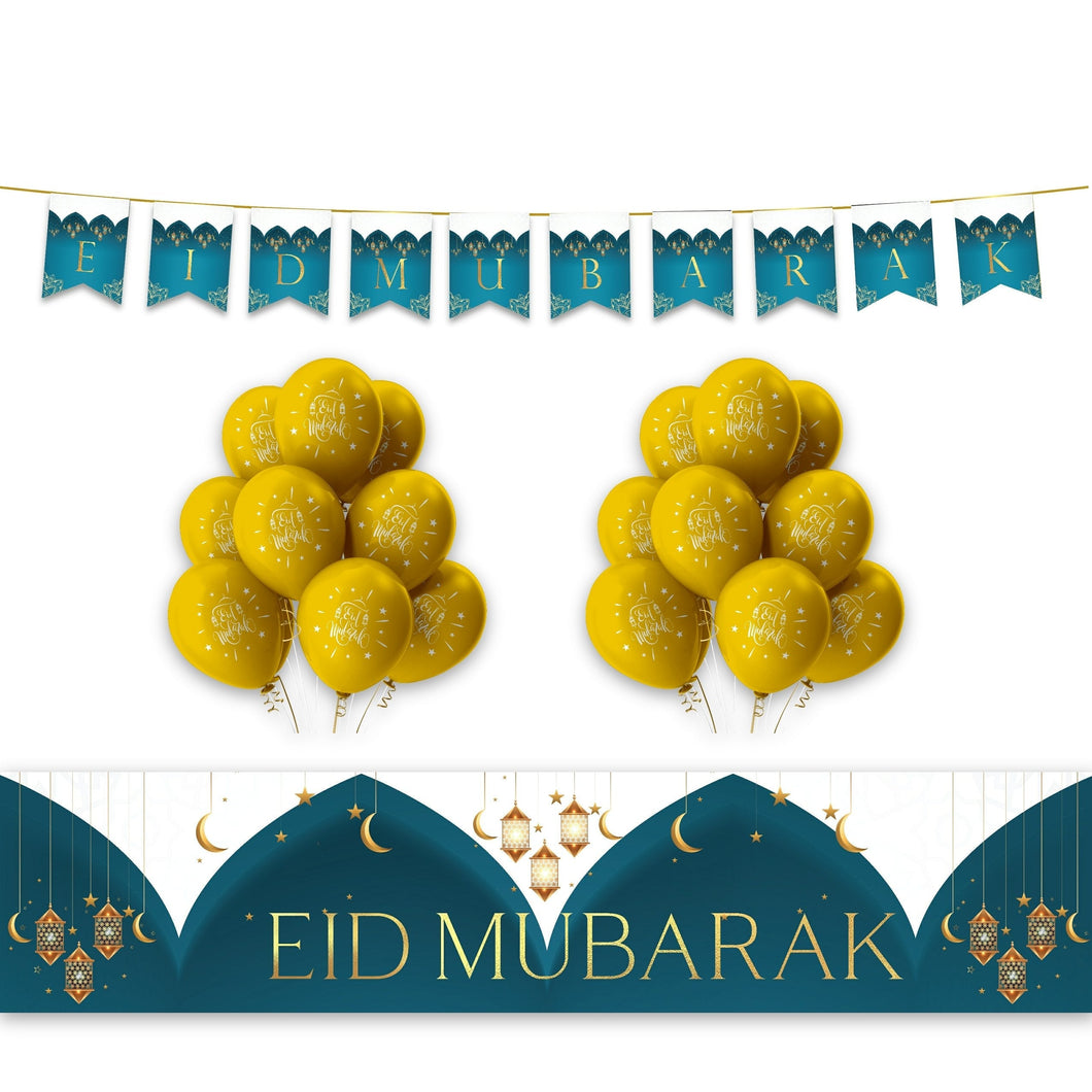 EID Mubarak Domes, Stars & Lanterns Decoration Set - Teal & Gold (MM)