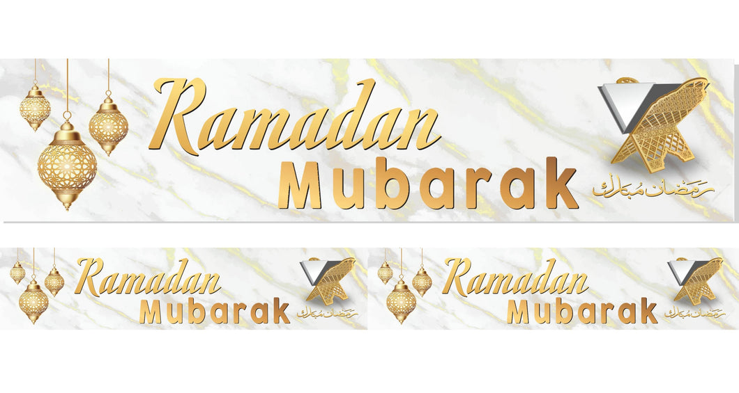 RAMADAN Mubarak Banner Decoration - (2m) White & Gold Marble & Lanterns Design (AG21)