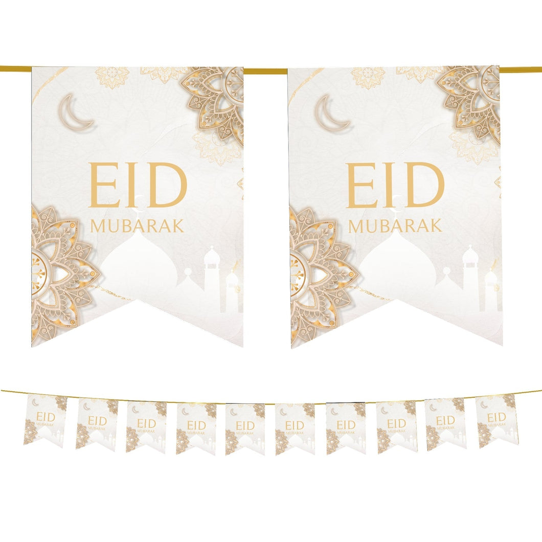 Eid Mubarak Bunting - White & Gold Geometric Flags Decoration