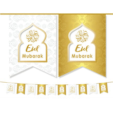 Load image into Gallery viewer, EID Mubarak Bunting Decoration - (10 Flags) White &amp; Gold Pattern (AG21)
