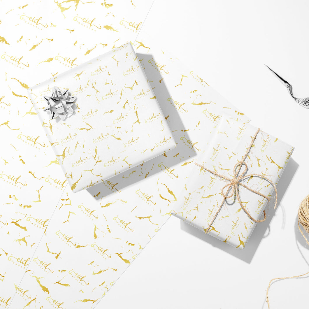 Eid Mubarak Gift Wrap Sheet - White & Gold Marble