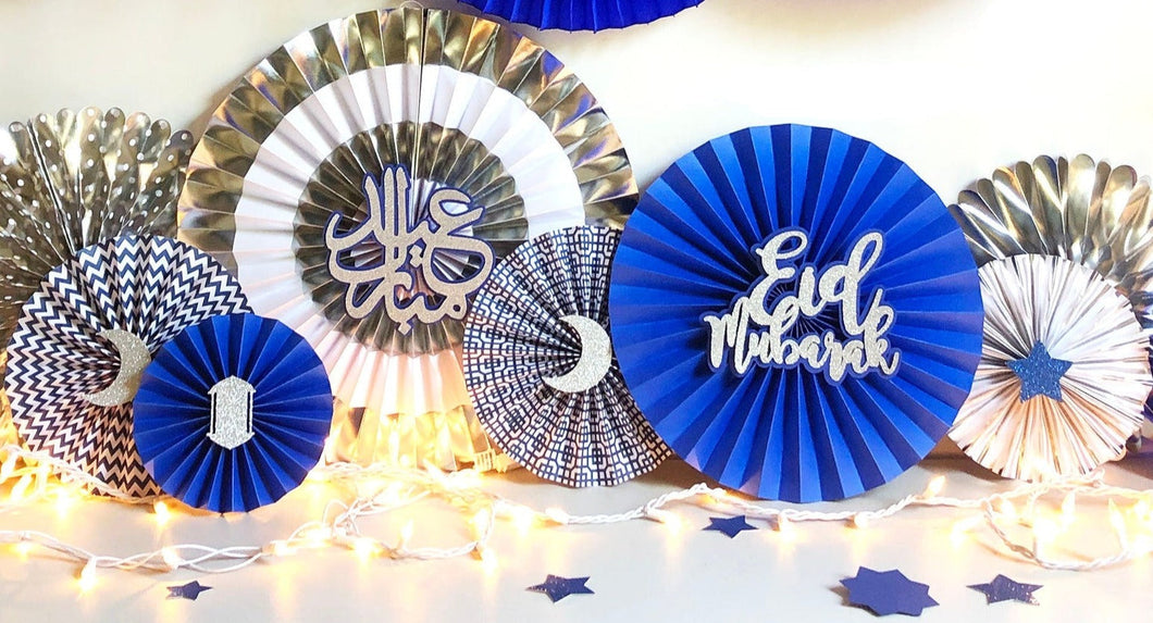 Eid Mubarak Hanging Concertina Paper Fan Kit - Blue & Silver - Set of 8