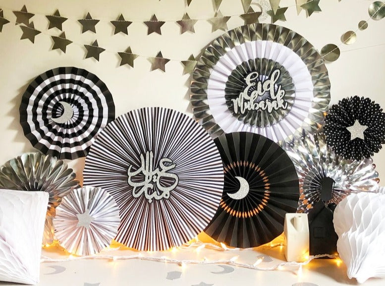 Eid Mubarak Hanging Concertina Paper Fan Kit - Monochrome - Set of 8